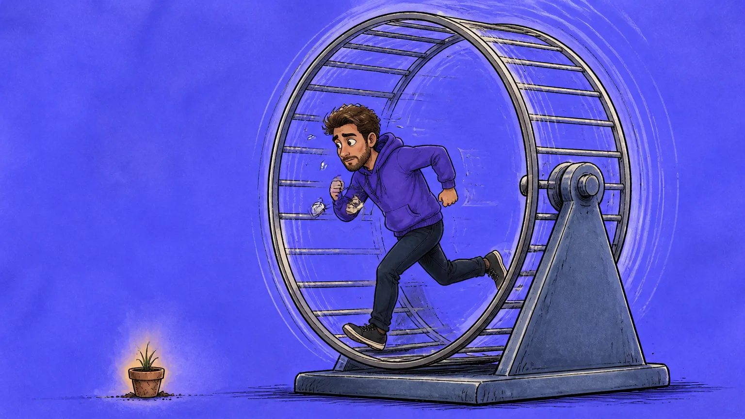 A developer running inside a hamster wheel made of office corridor