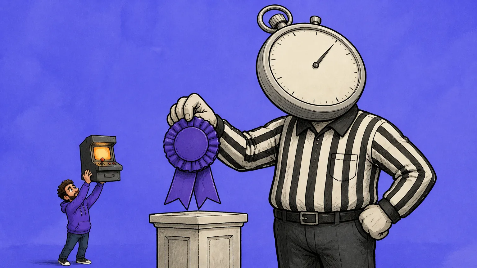Four robotic arms build cubes while a trophy lowers onto an empty pedestal