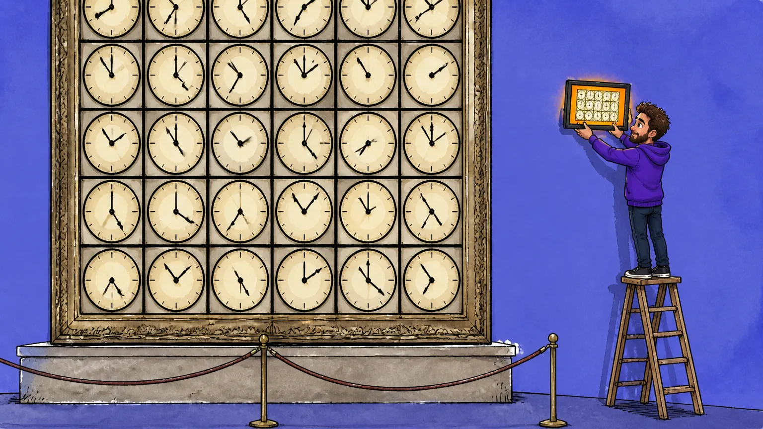 A gallery plinth beside a living room screen showing the same clock grid