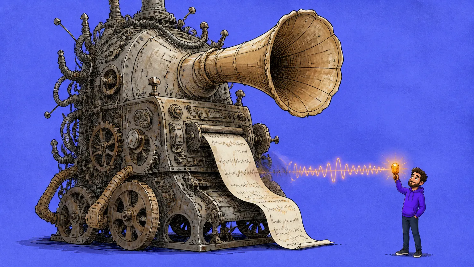 Two audio waveforms racing, a small chip pulling ahead of a bulky crate