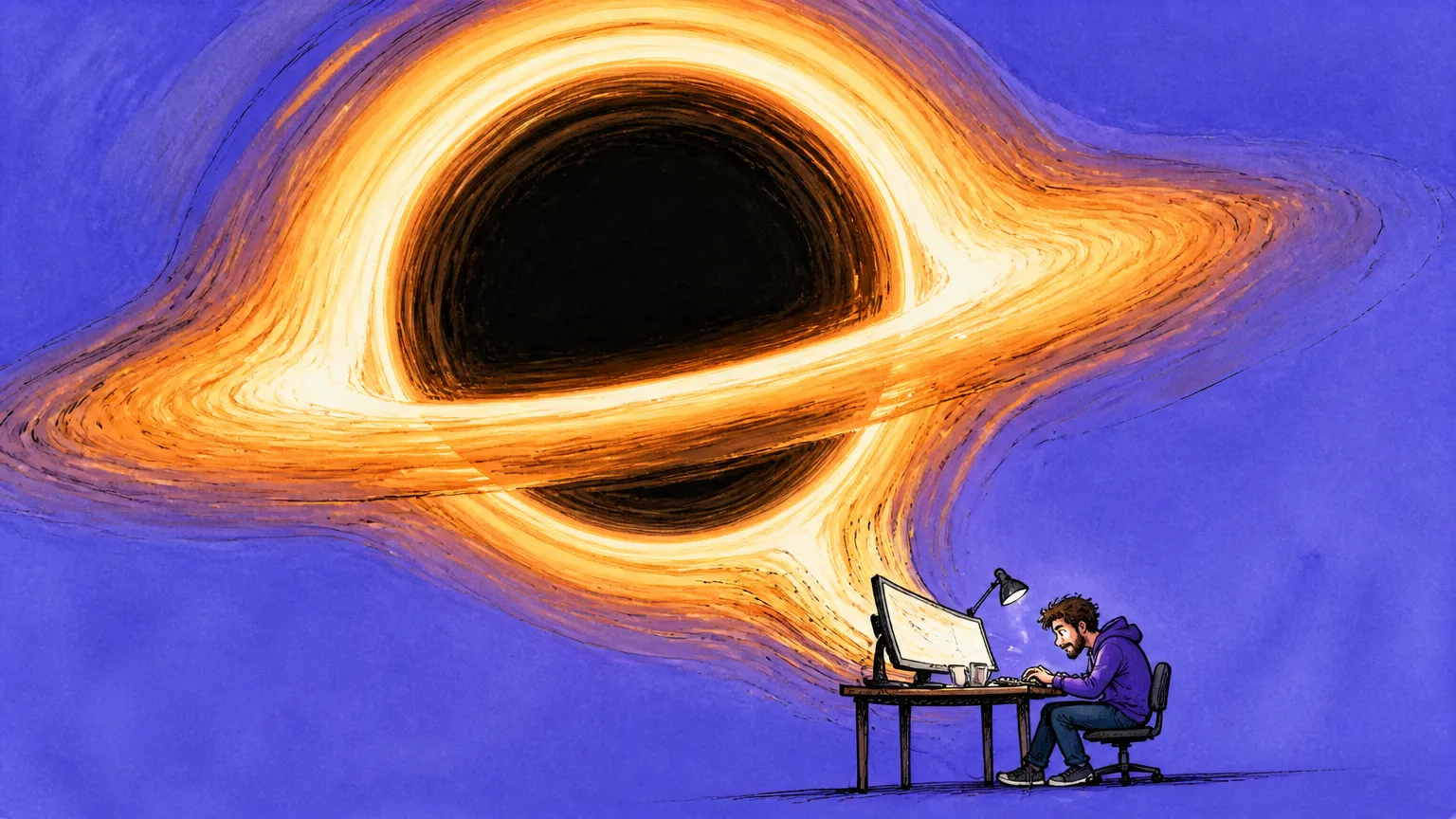 A ray-traced black hole warps lines of code on a developer's terminal at night