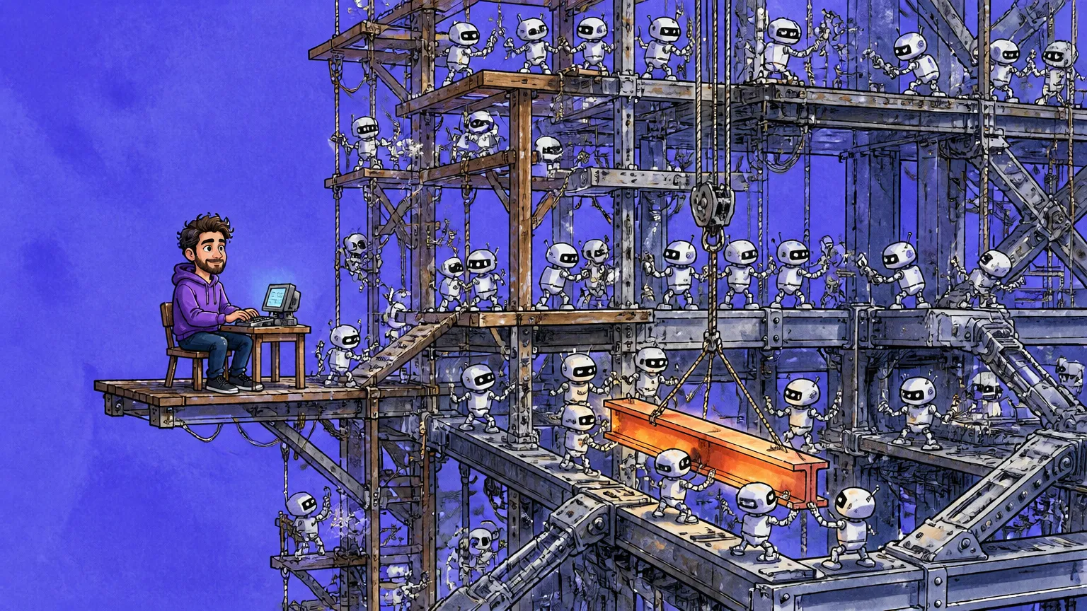 A swarm of small robot agents rebuilding a runtime out of Rust-orange blocks
