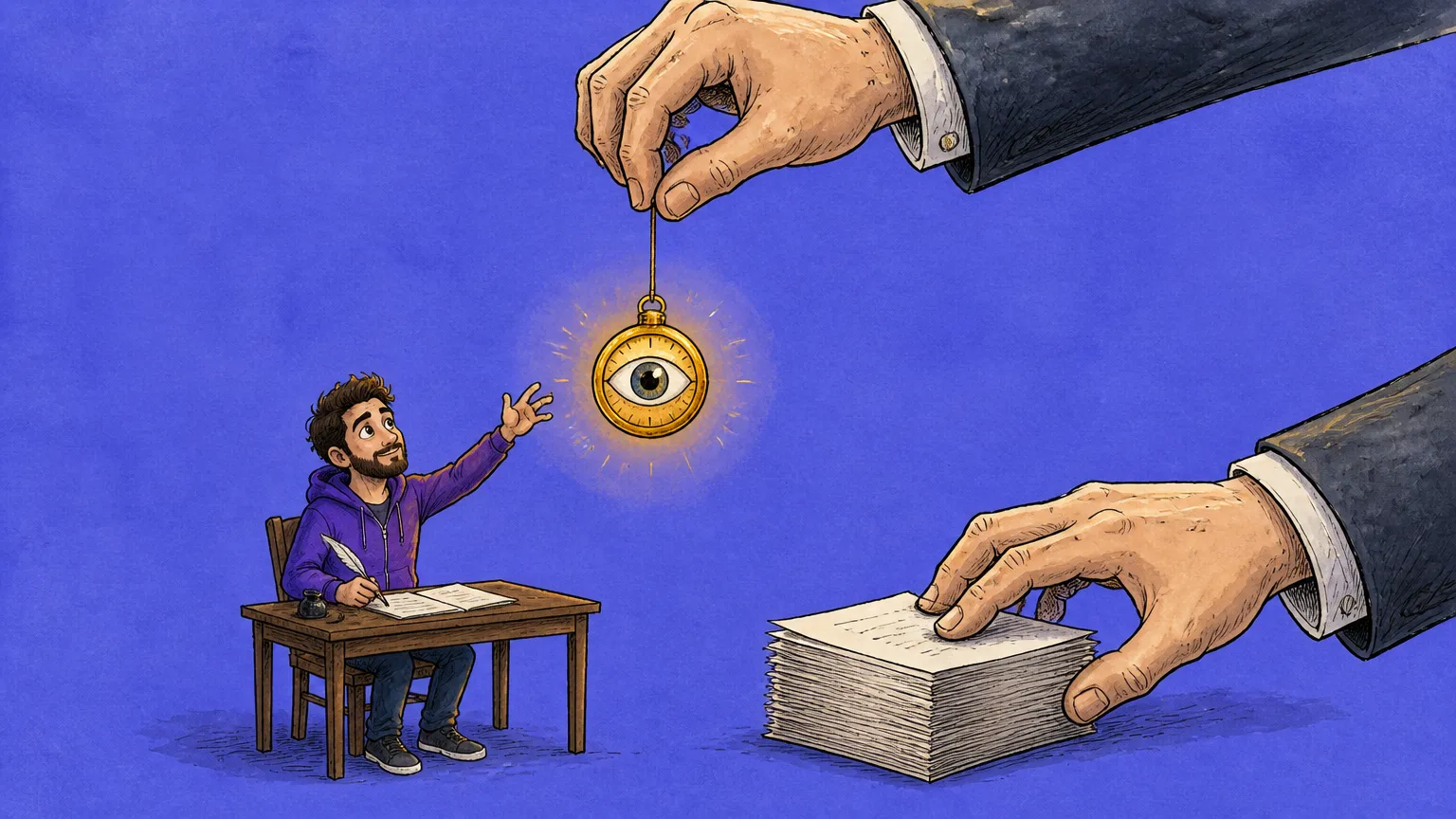A writer handing over a manuscript and getting only a view-counter ticket back