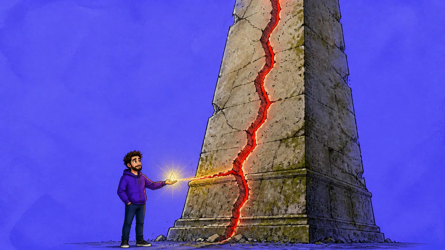 An ancient stone monument cracked down the middle beside a small AI spark