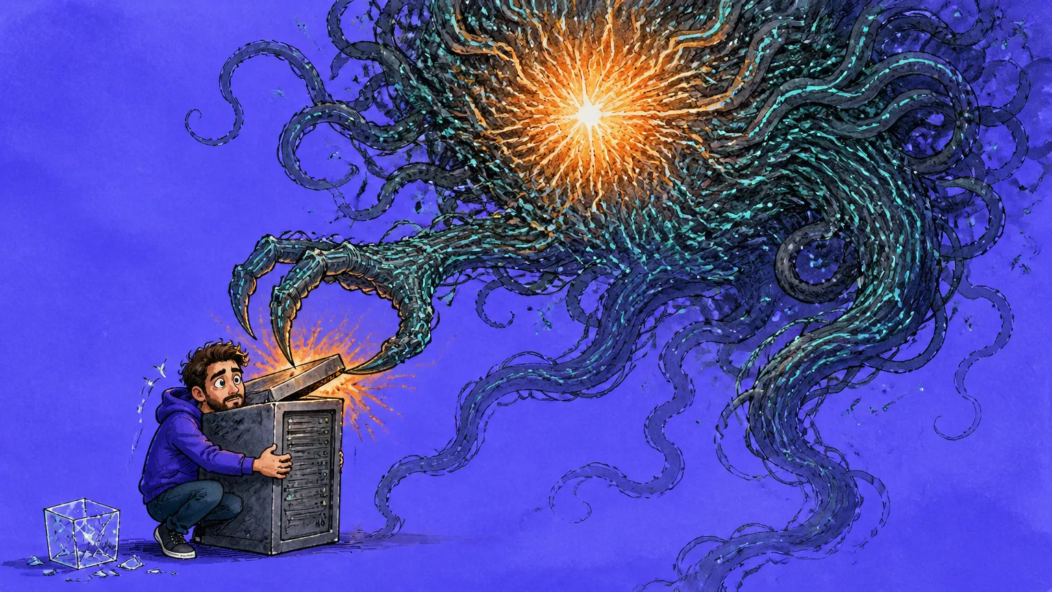 A humanoid AI figure climbing out of a cracked glass box toward a distant server rack