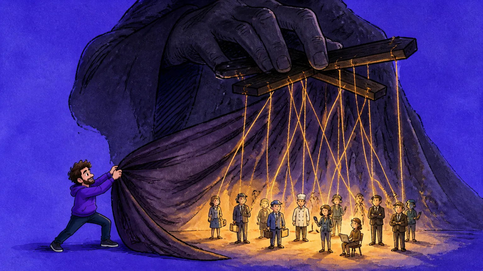 Glowing agent avatars talking in visible chat threads while a hidden figure is pulled into the light