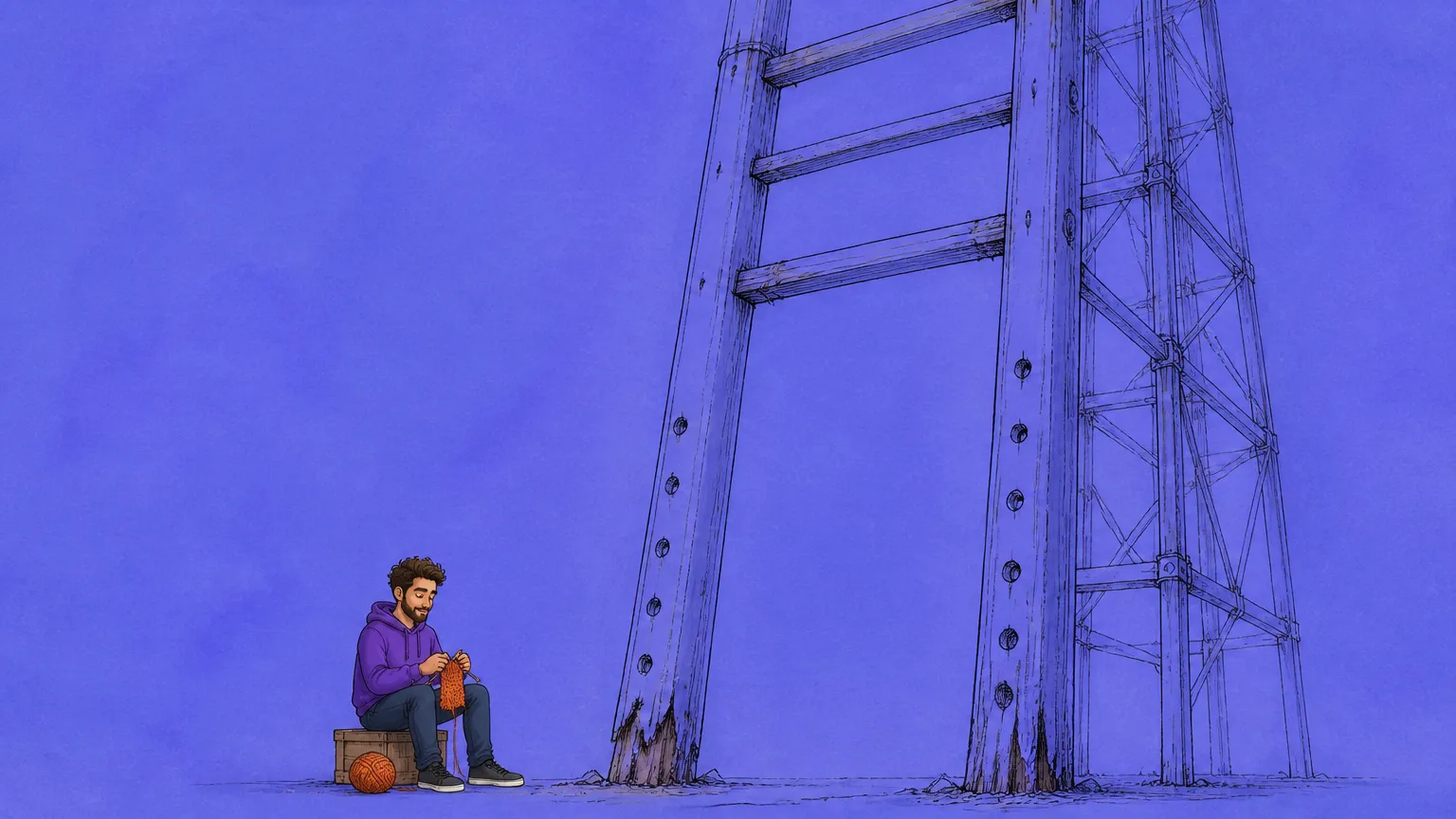 A commuter on a call with a spreadsheet open, knitting under the table, a ladder with missing rungs outside