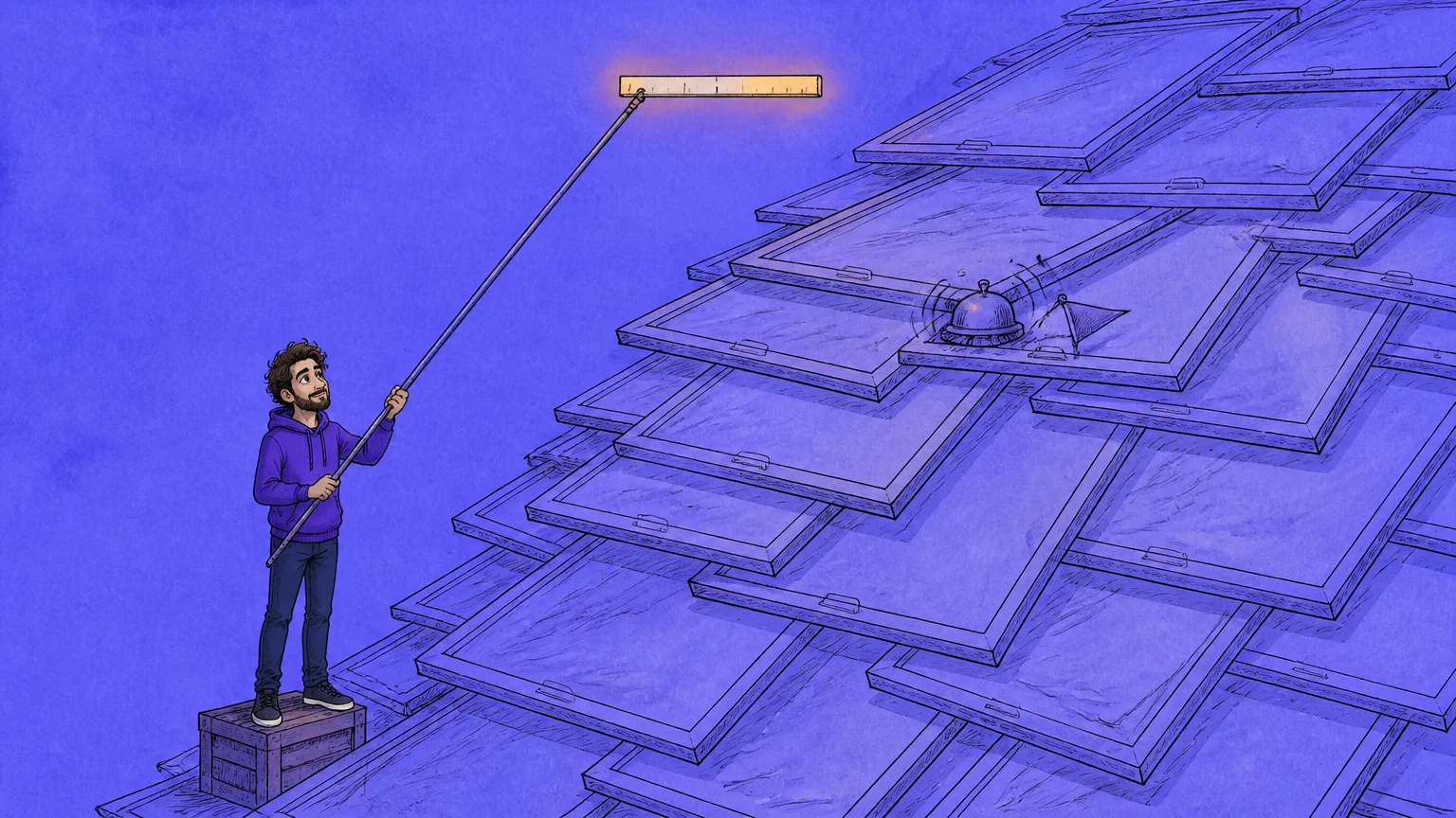 A builder holding up a glowing panel while the same readout hangs in a dusty frame behind him