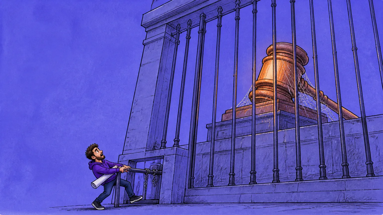 A crowd of gamers rushing a courthouse door and being stopped at a passport desk