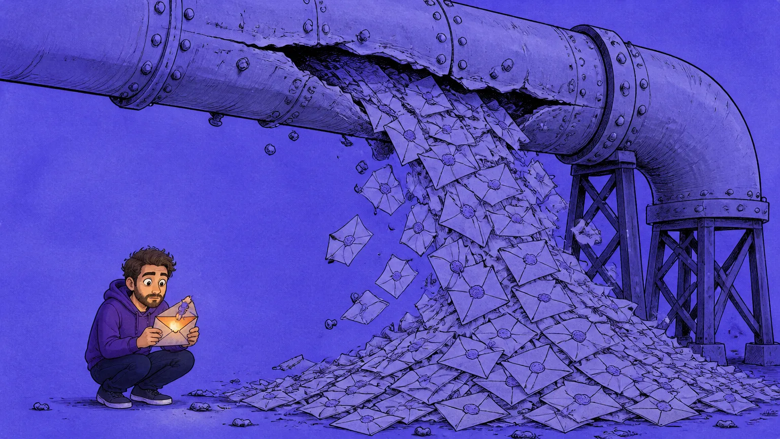 One handwritten sentence funneled through two glass tubes, one spilling a wide stream of binary and one a thin ribbon