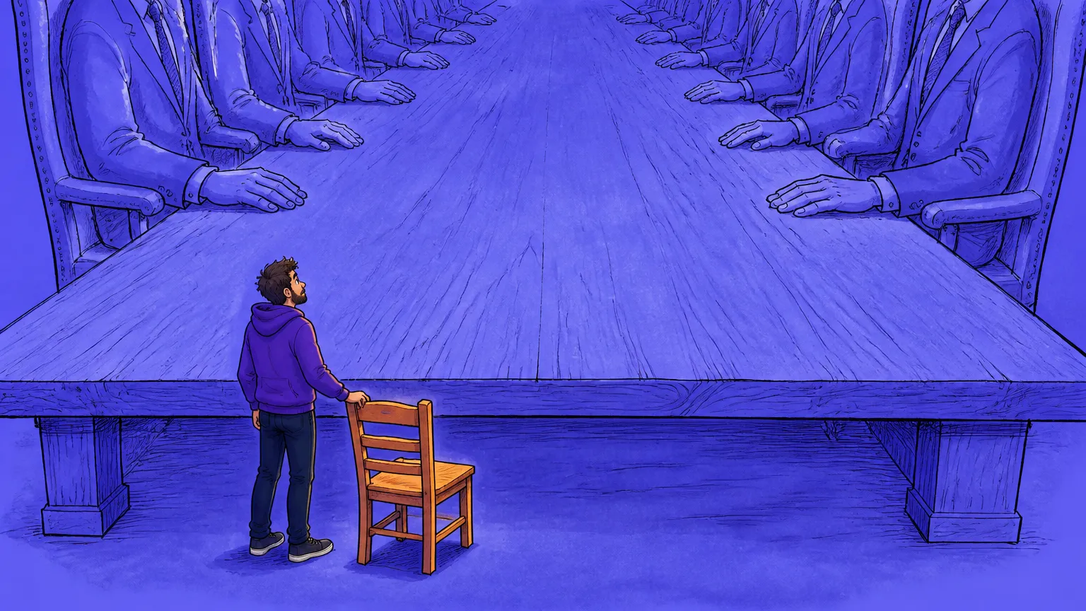 An empty office chair pushed back from a desk with a blank nameplate while engineers rush past in a lit hallway