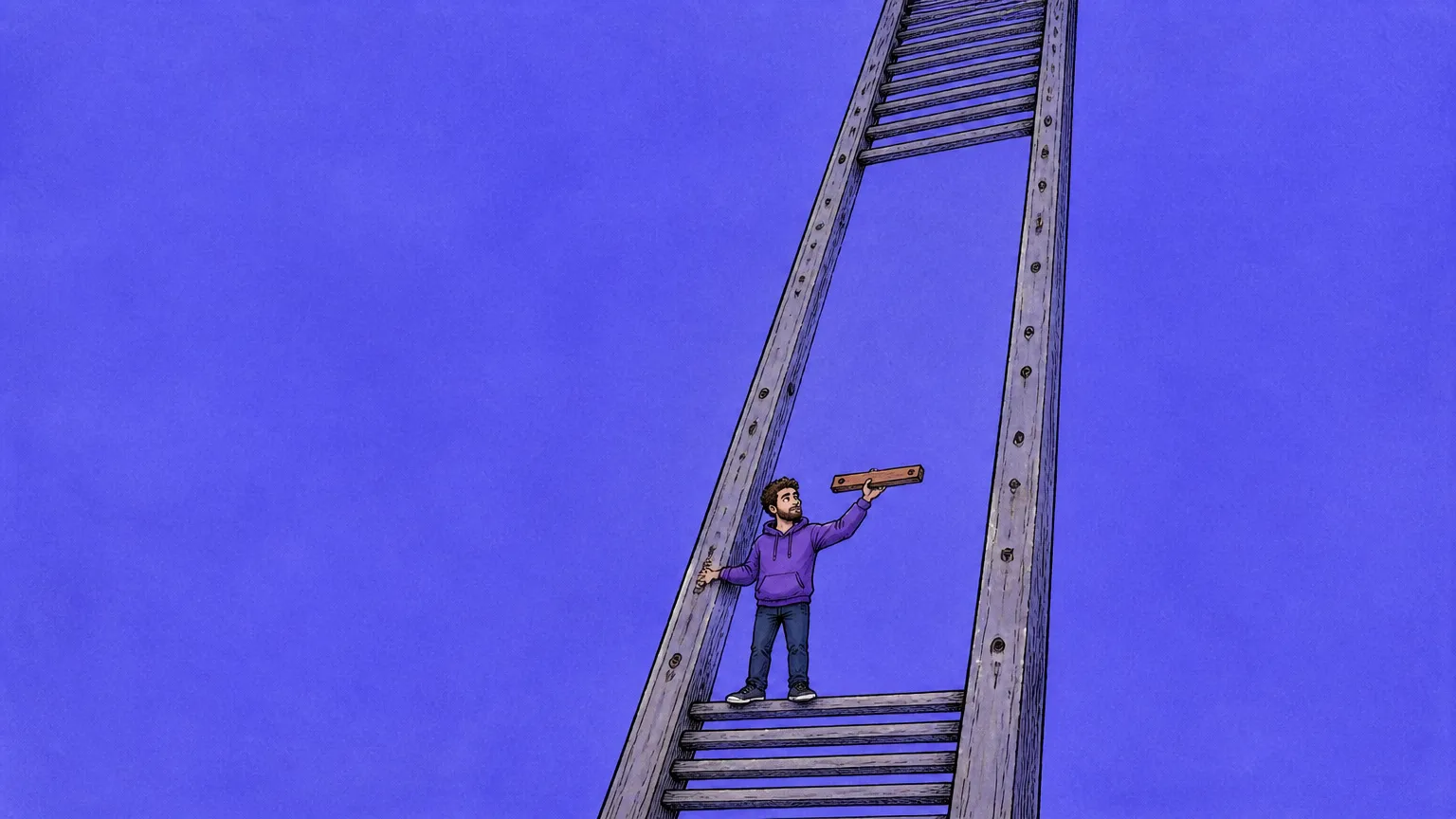 A staircase of three platforms with the middle step crumbled away, a senior figure above and a junior reaching up from below
