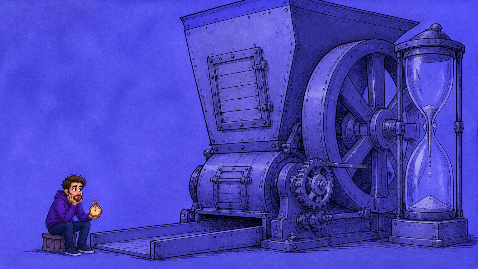 A padlocked data cube feeding into a compiler funnel with a stopwatch hanging beside it