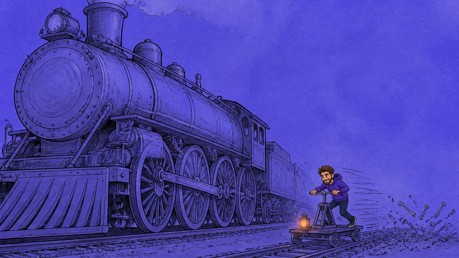 A lone figure on a hand-pumped railcar pulling ahead of a towering steam locomotive