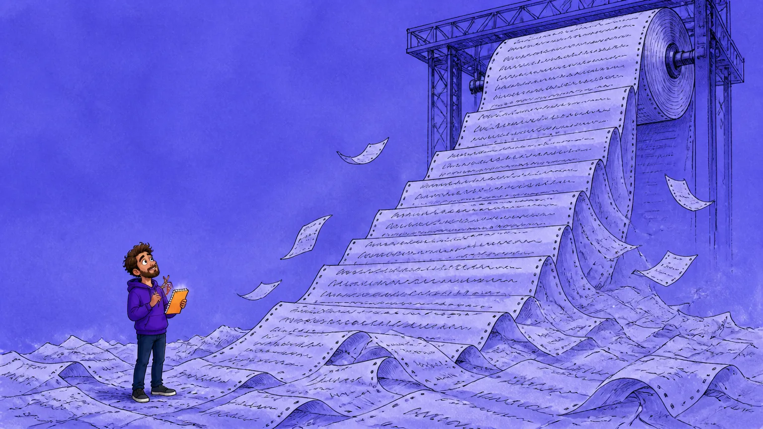 A figure holding a small notepad beside a towering scroll of printer paper spilling across the ground
