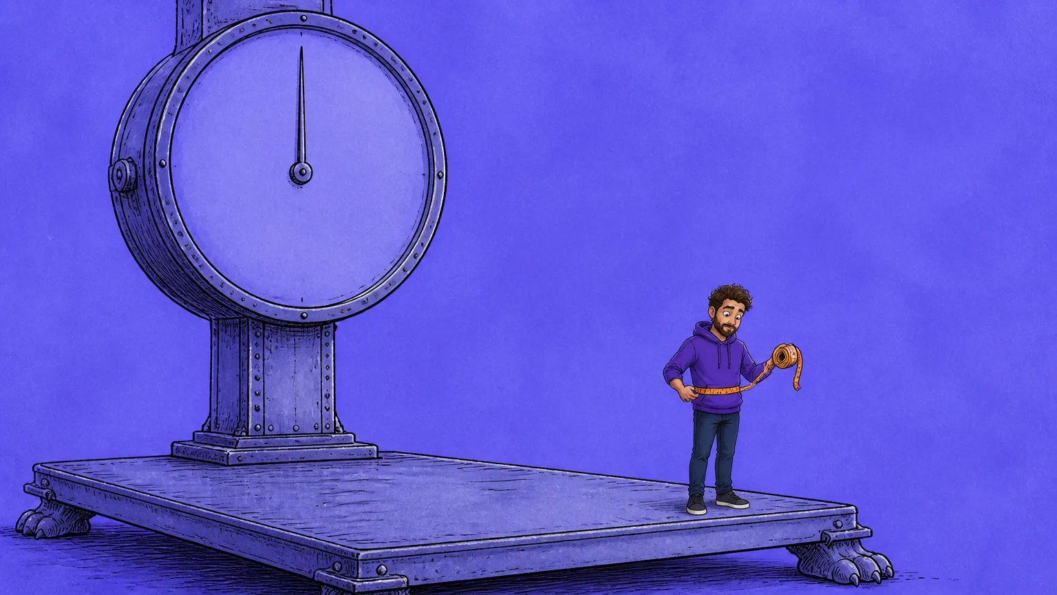 A figure measuring their waist with a tape measure while standing on a giant industrial weighing scale