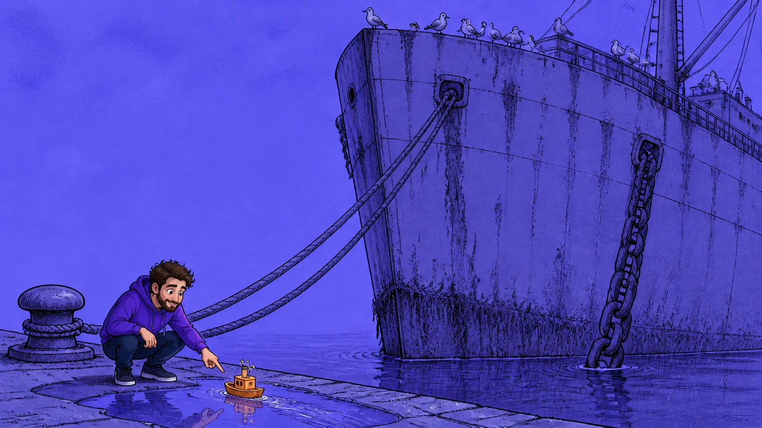 A tiny toy boat afloat beside the hull of an enormous moored cargo ship