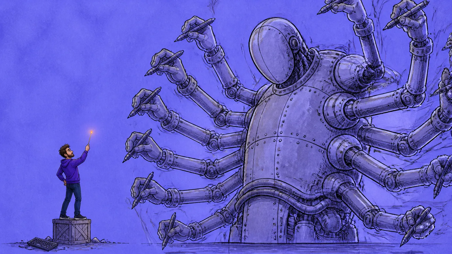 A lone figure holding one pencil facing a huge many-armed robot writing with a dozen pencils