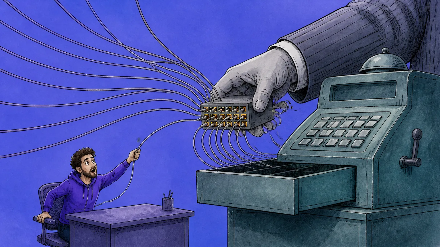 A giant hand lowering a cable-covered router panel into an open cash register drawer