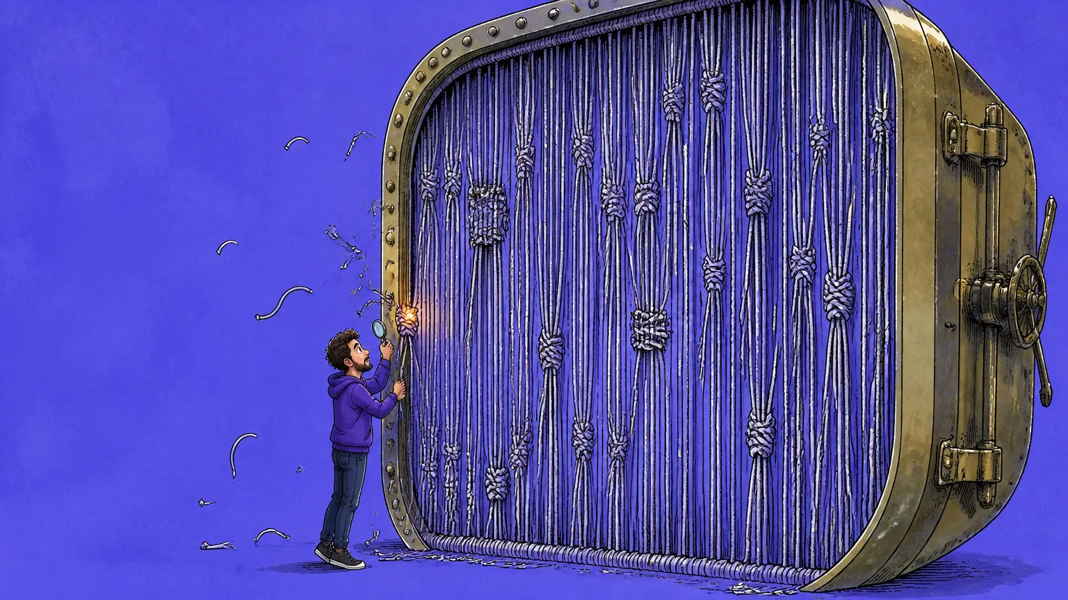 A builder holding a magnifying glass to a vault door woven from thousands of knotted threads