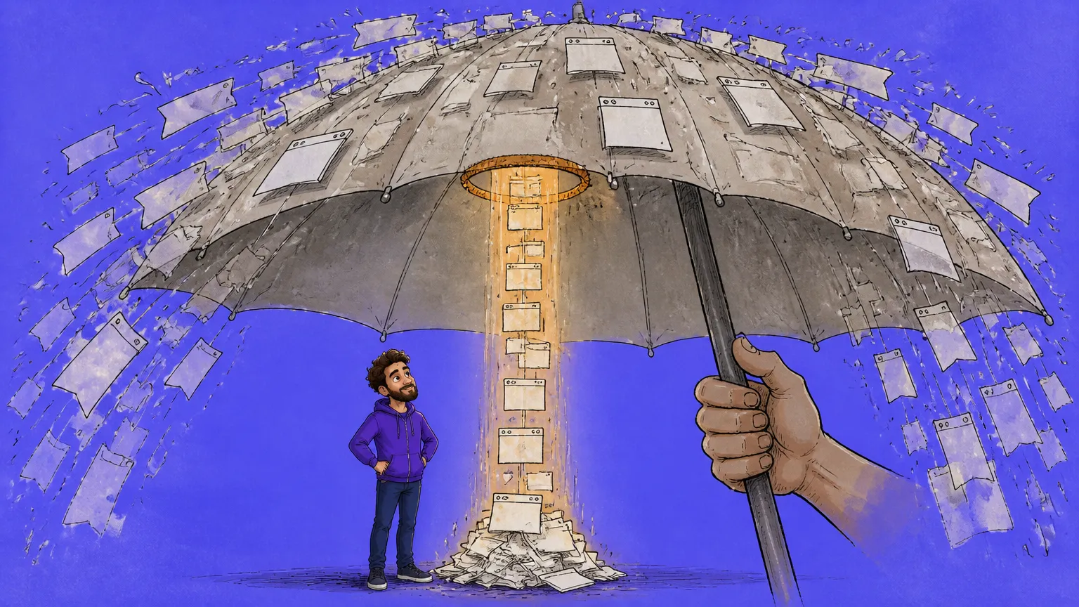 An umbrella deflecting a downpour of ad panels while a glowing hole funnels one column through