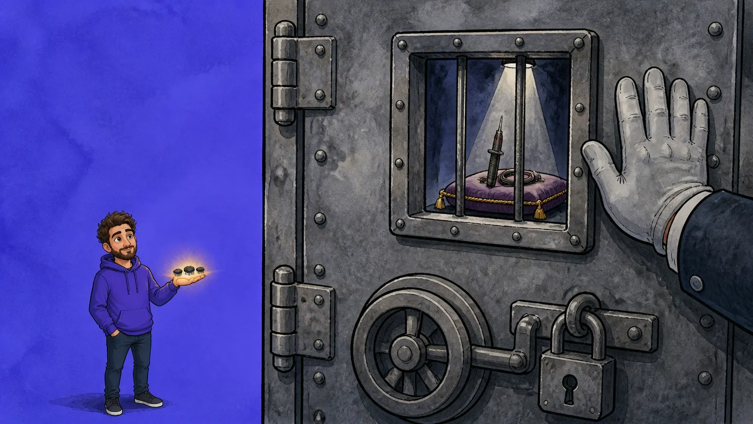 A builder holding tiny glowing chips beside a locked vault displaying one debug probe on velvet