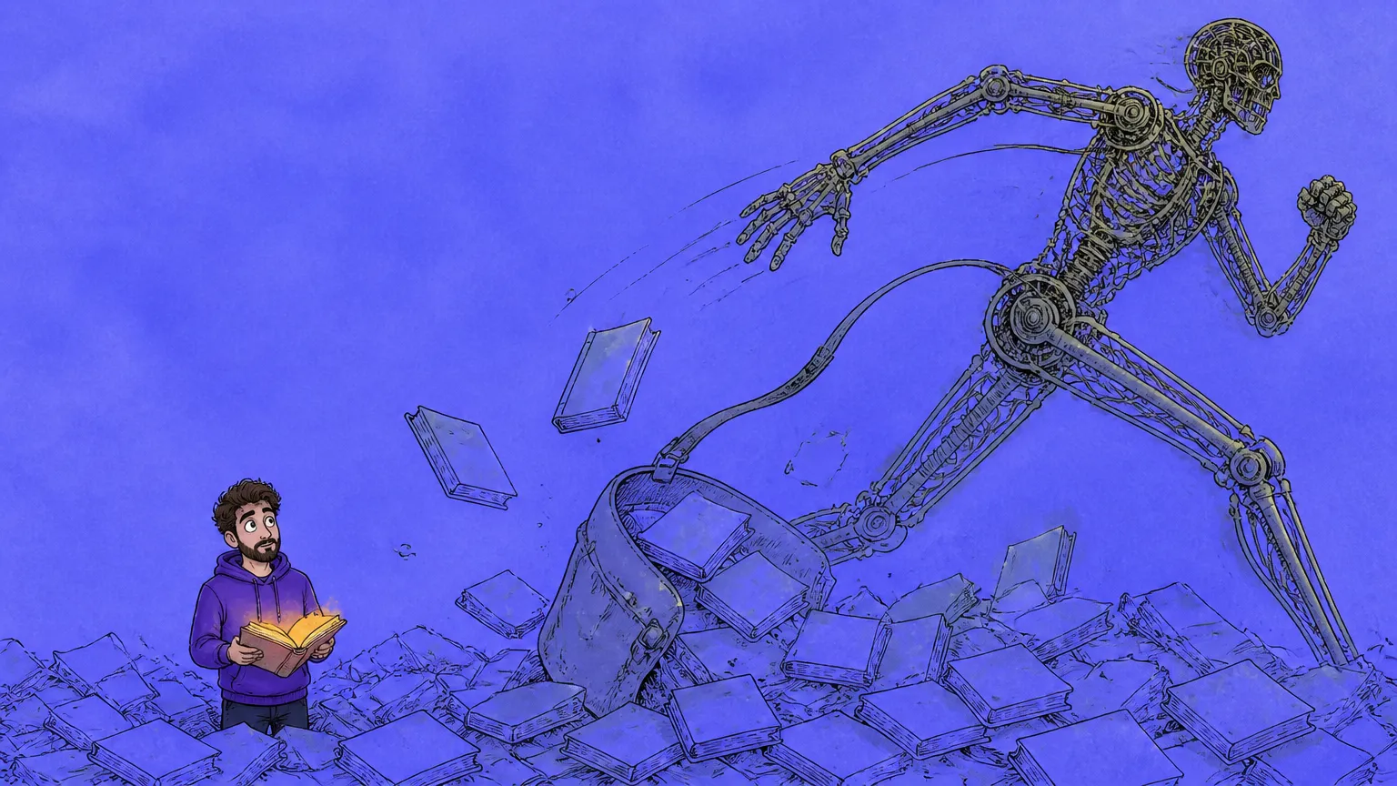 A mechanical figure sprinting away as books spill from its satchel onto a reading builder
