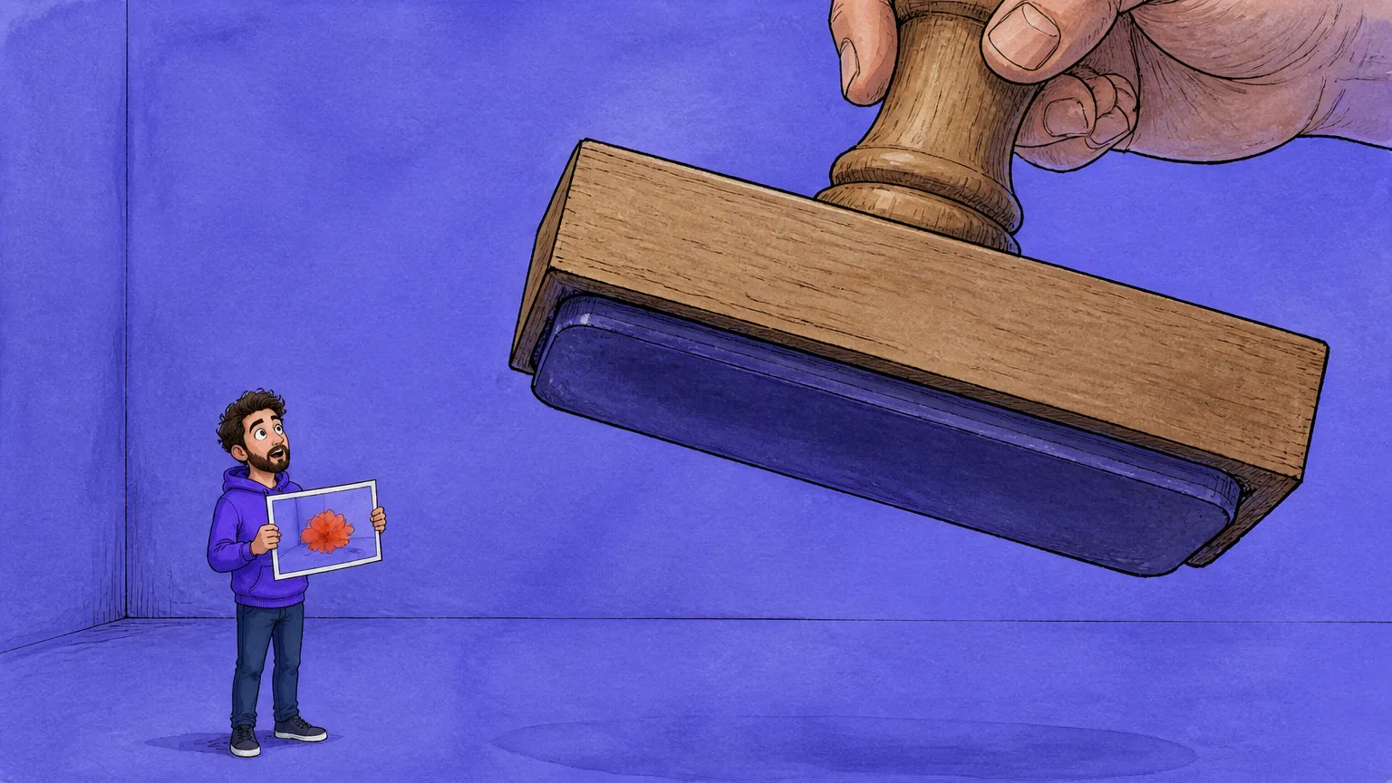 A person holding up a photo print as a colossal wooden rubber stamp swings down toward it