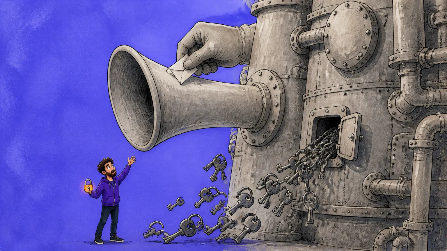 A giant hand posting a folded note into an enormous speaking tube as keys spill out of the machine