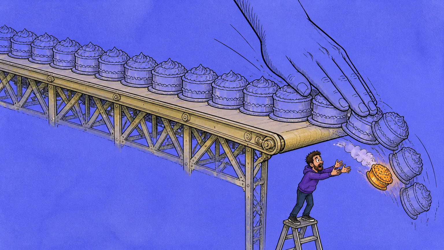 An endless conveyor of identical iced cakes being swept off the end while one golden cake falls