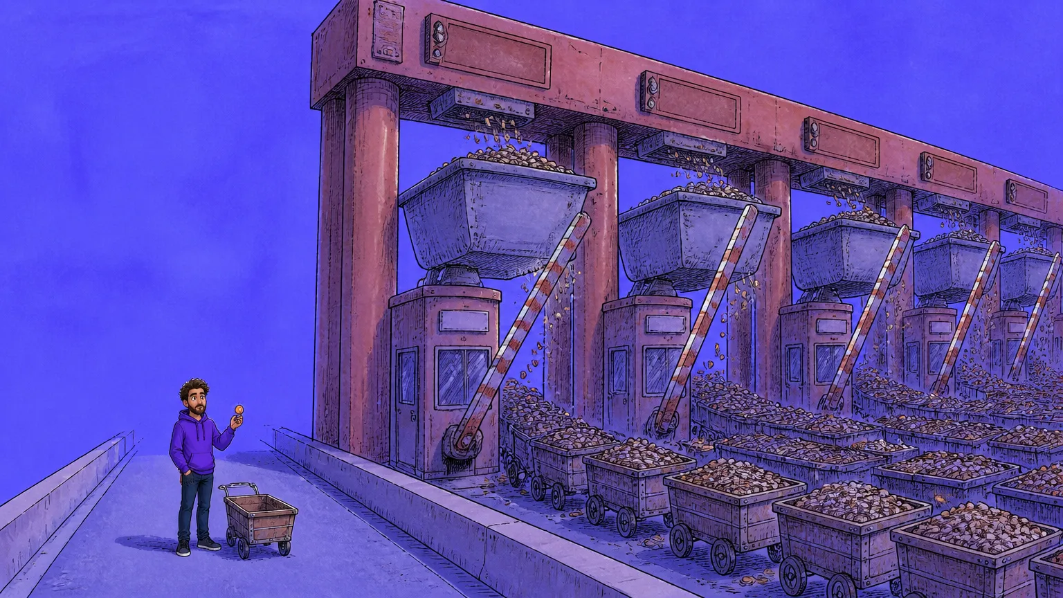 A person holding a single coin beside a colossal five-booth toll plaza with overflowing coin hoppers