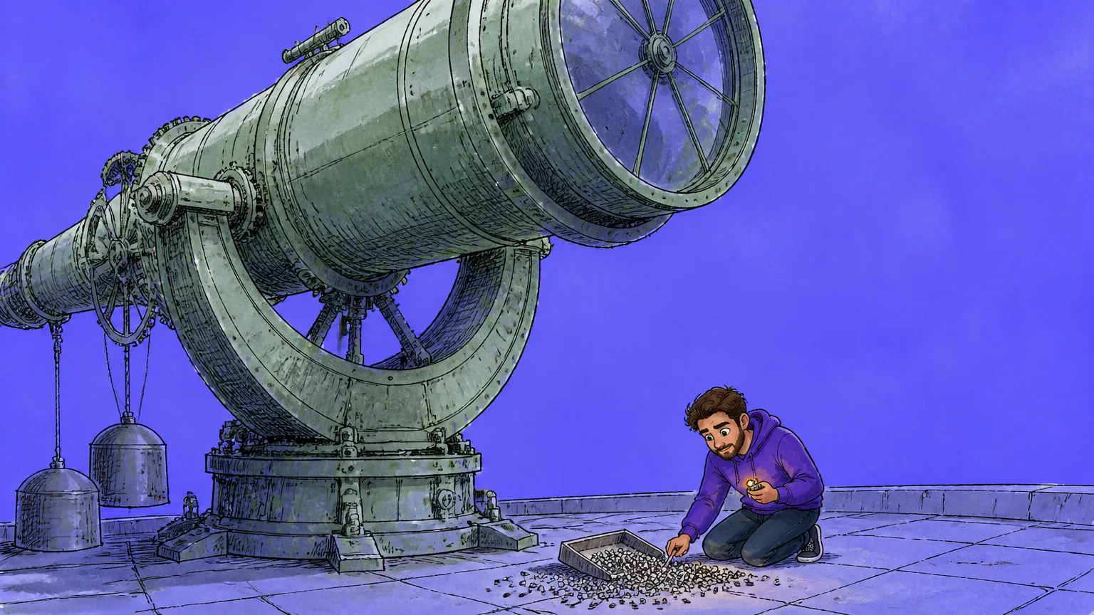 A colossal telescope aimed at the far horizon while a person kneels sorting tiny objects at its base
