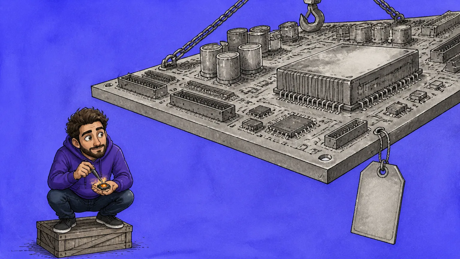 A barn-door-sized replacement mainboard hangs from a crane hook with a blank price tag while a tiny figure hand-probes a chip on a crate