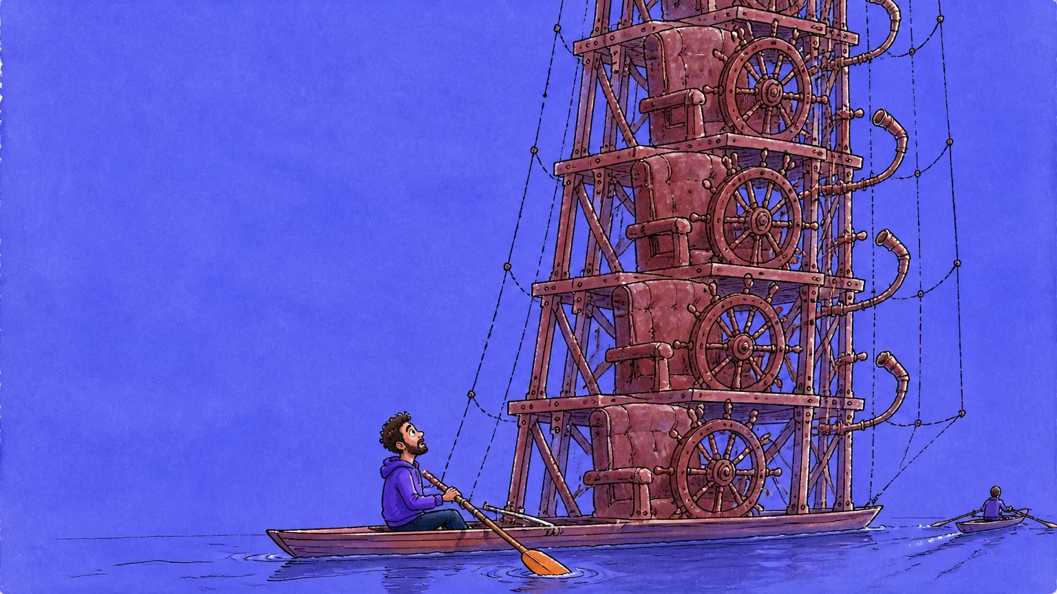 A lone rower dwarfed by a towering stack of empty helm chairs and ship wheels as a smaller boat pulls ahead