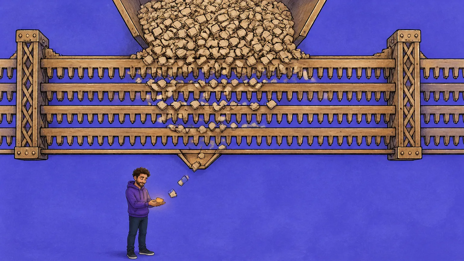 An avalanche of blank wooden tiles pours into a stack of toothed gates and trickles out into a pair of cupped hands