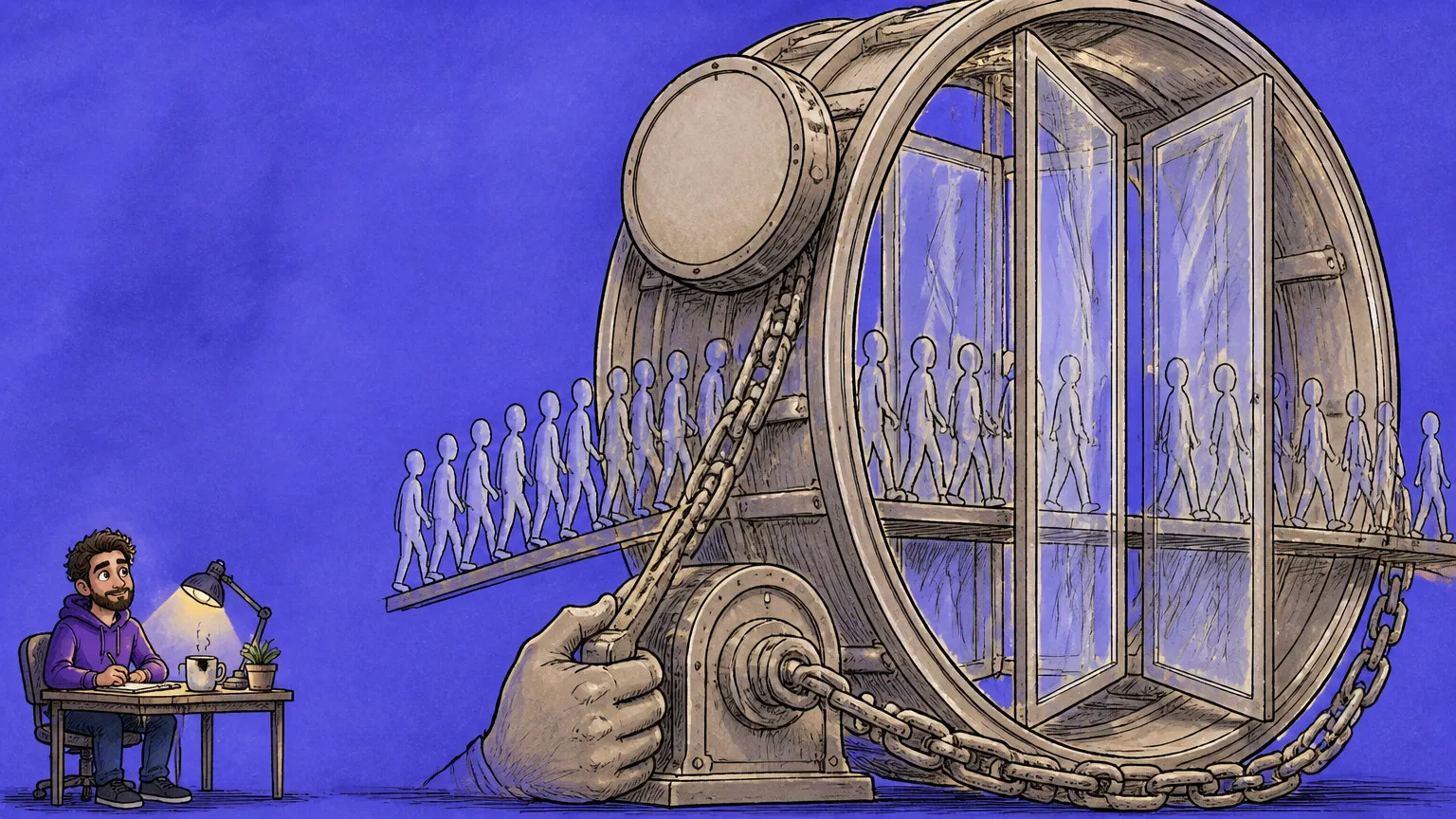 A giant revolving door churns a queue of faceless workers while the mascot works calmly at a home desk outside it