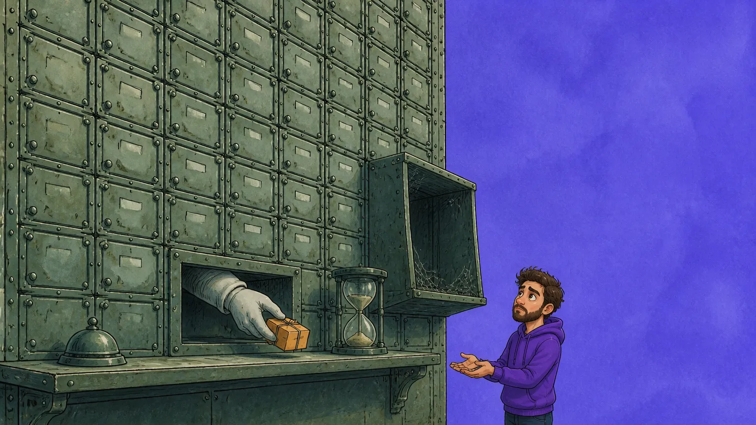 A gloved hand passes a small parcel through a bureaucratic counter window beside an hourglass while the mascot waits empty handed