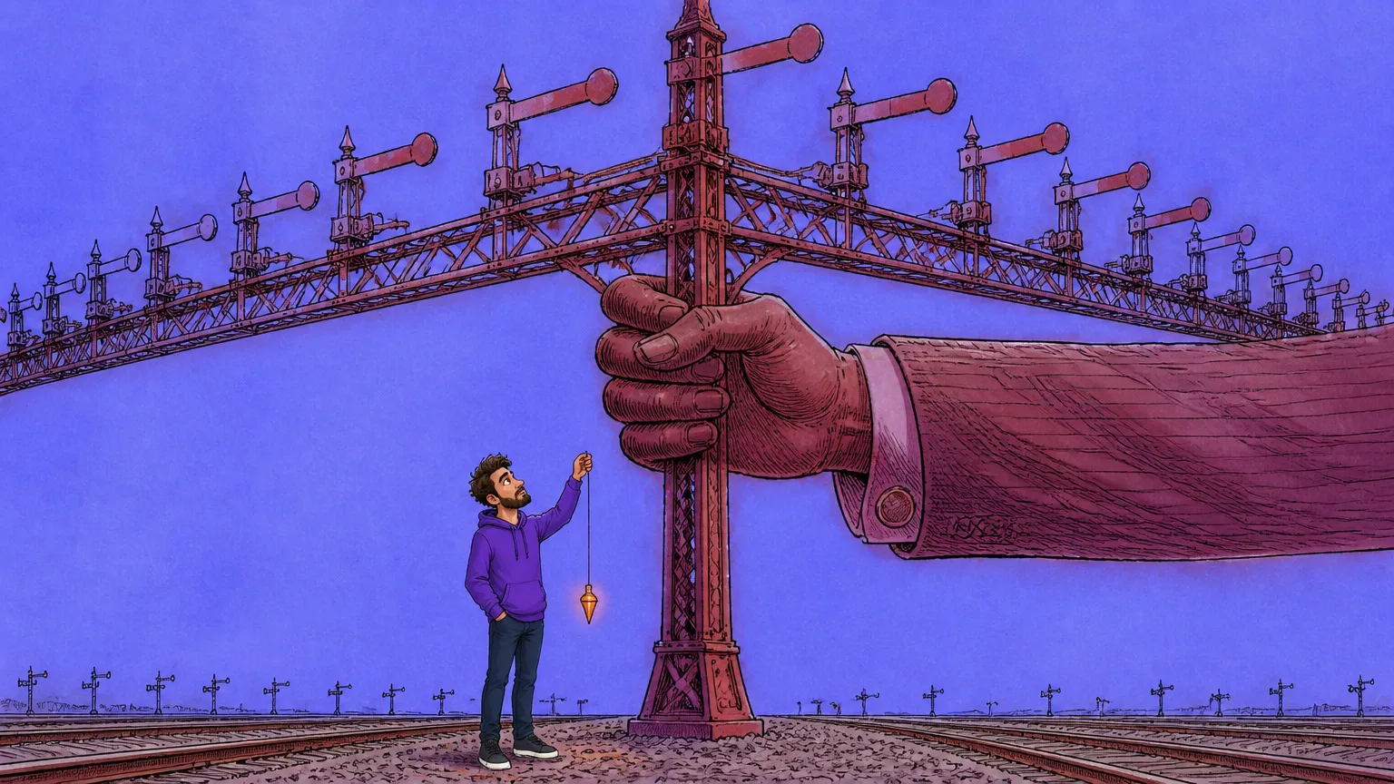 A huge hand grips a railway signal gantry lined with semaphore arms while the mascot stands on the tracks below