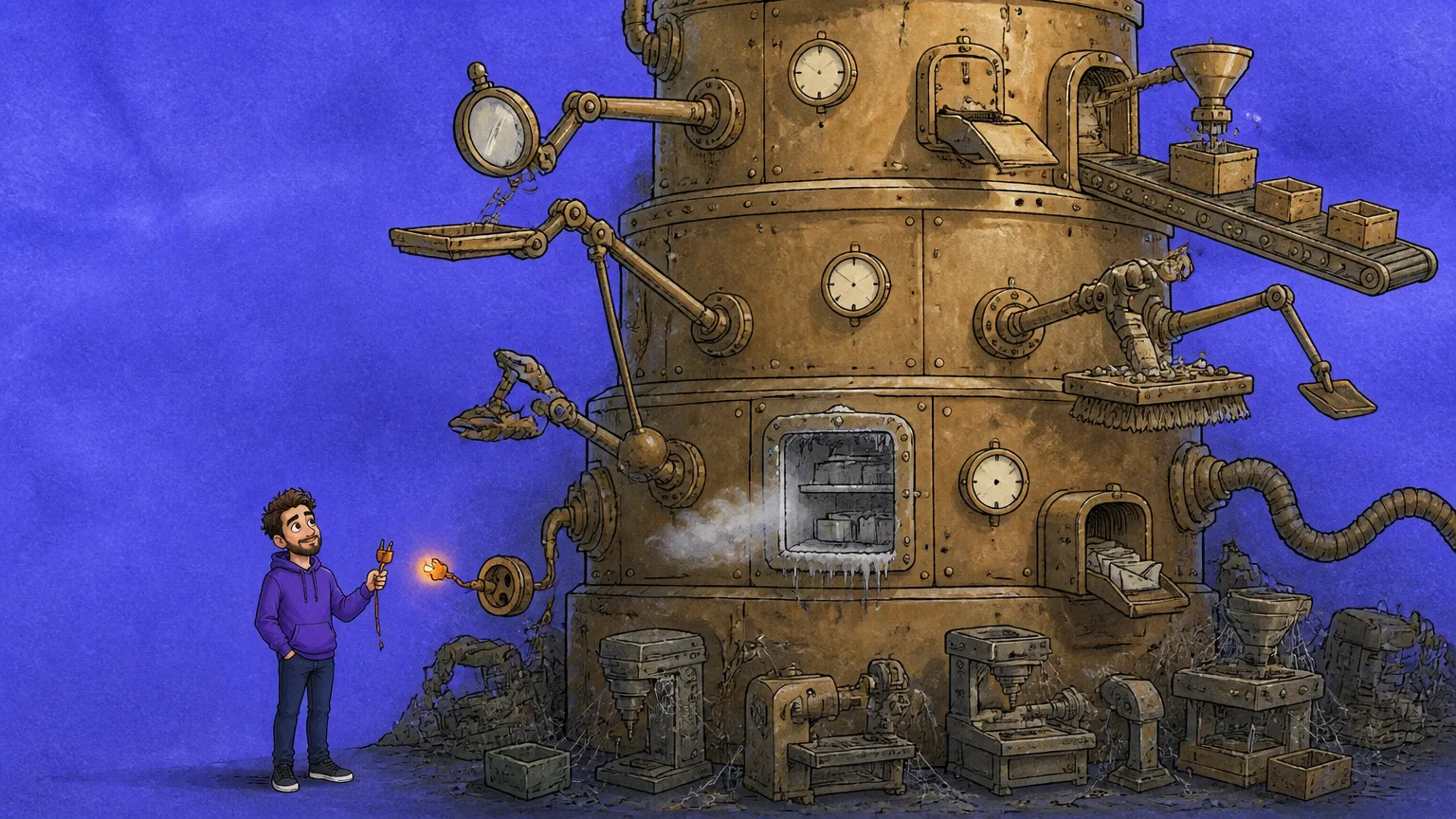 A towering many armed machine does every job while smaller specialist machines sit dark and cobwebbed at its base