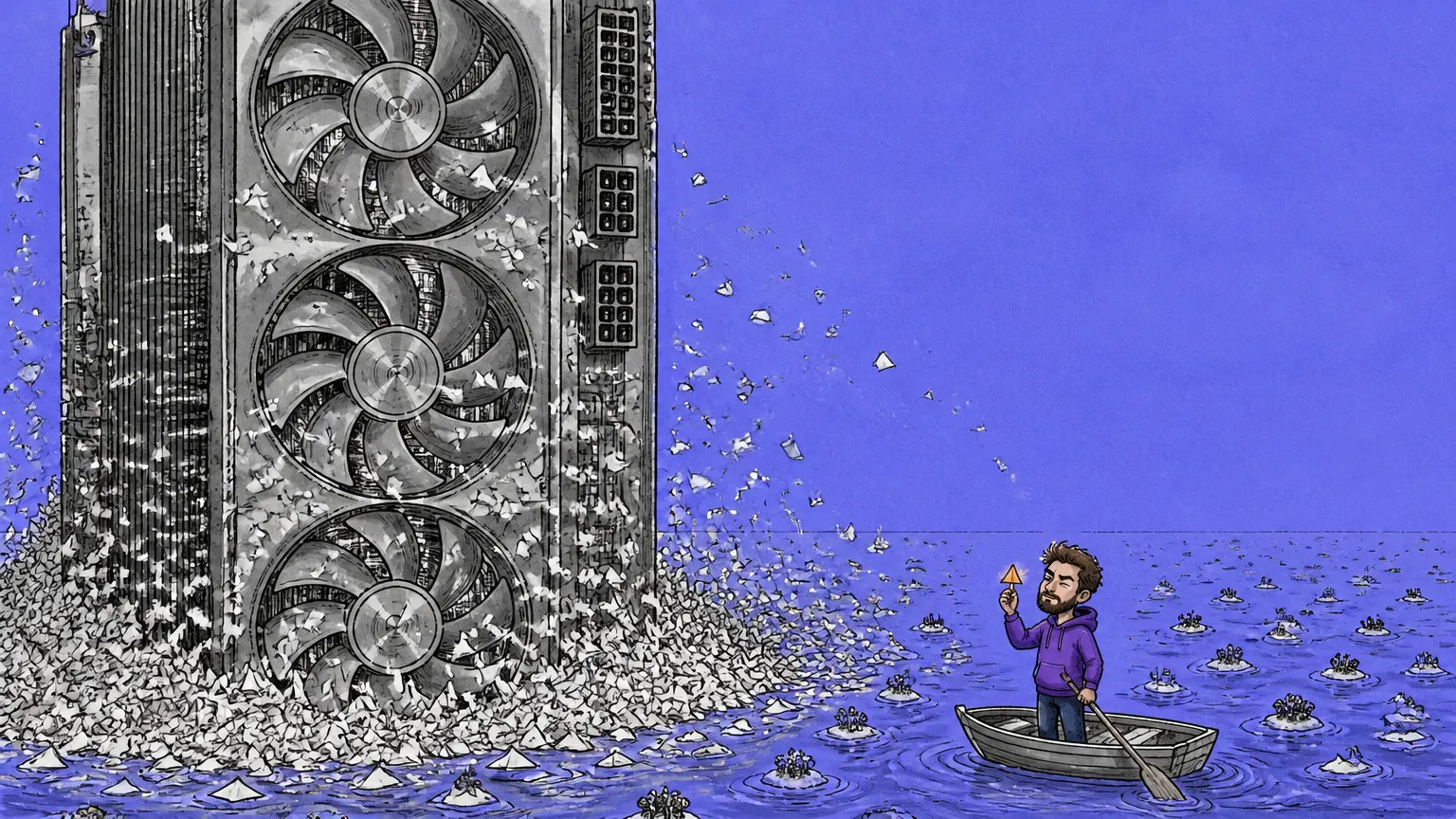A colossal graphics card rises from the sea shedding a blizzard of white triangles while the mascot holds one in a rowboat