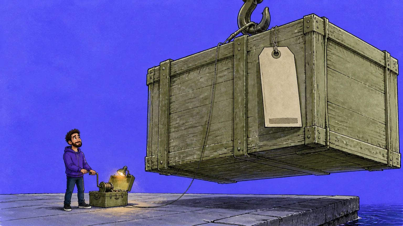 A giant wooden crate hanging from a crane hook with a blank paper tag, a cable running from it down to a small winch box that one figure cranks on a dock
