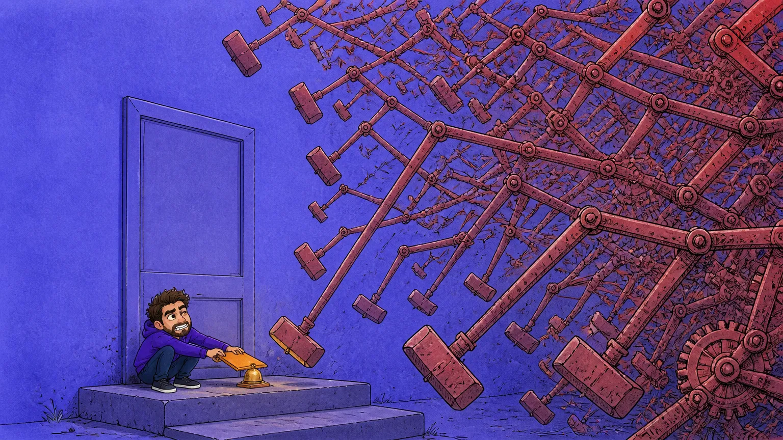 A crouching figure presses one doorbell while a vast thicket of jointed mechanical arms tipped with hammers swings in from the right
