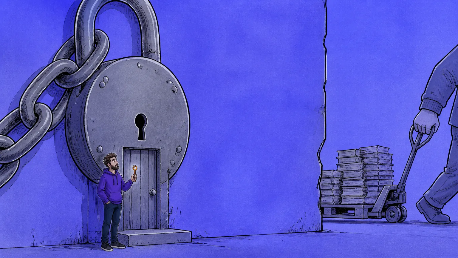 A person holds one small key at a door set into a colossal padlock, while off to the right a worker wheels a pallet stacked with journals out through a gap in the wall