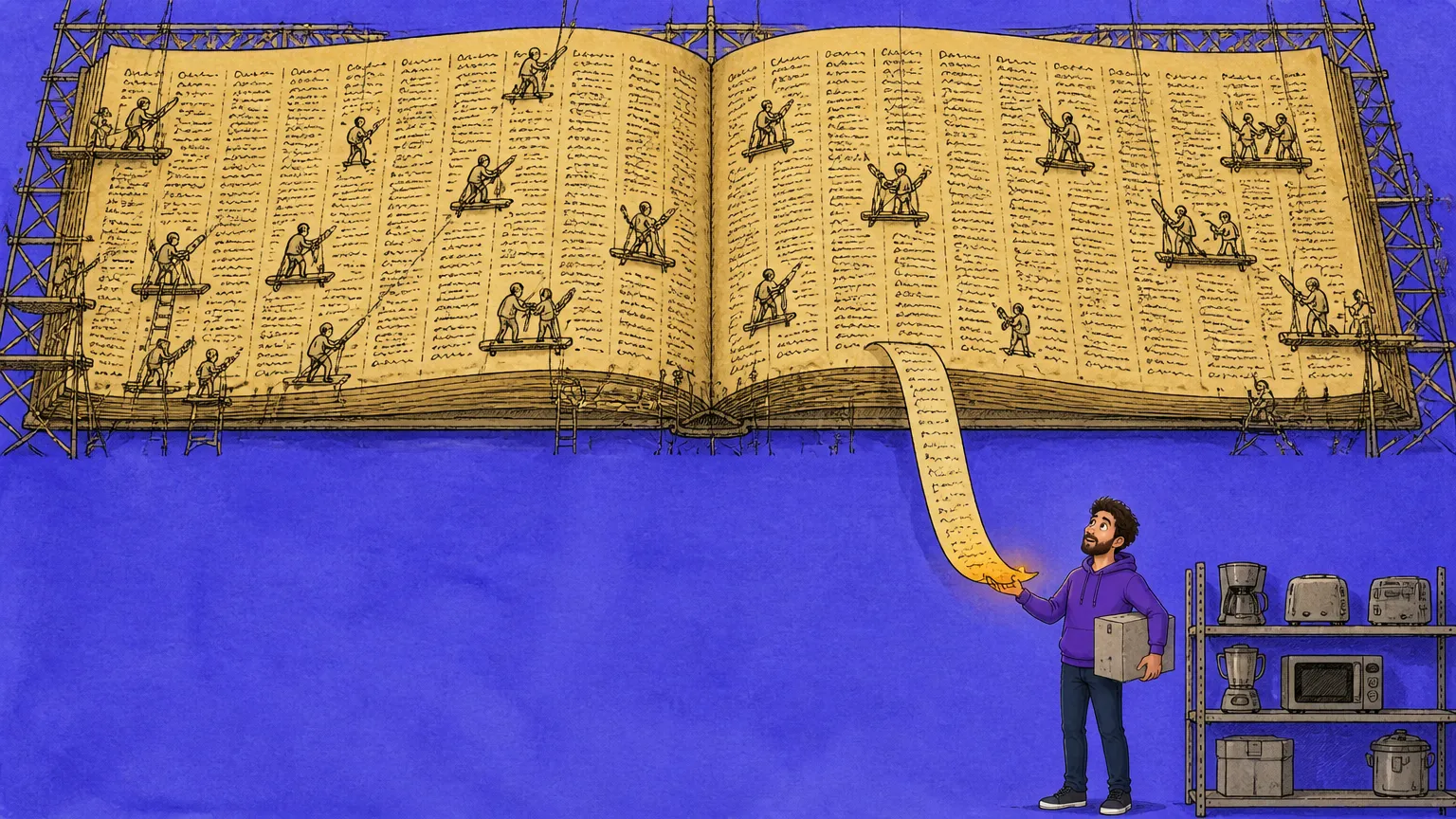 A colossal open ledger on scaffolding where tiny scribes fill the columns, unspooling a long paper strip into the hand of a shopper holding a box beside a shelf of appliances