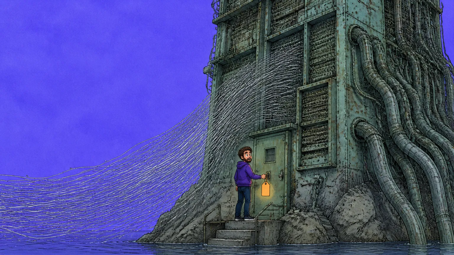 A figure at the door of a rusted island telephone exchange holds a glowing price tag on the handle while pale signal threads stream out across the water