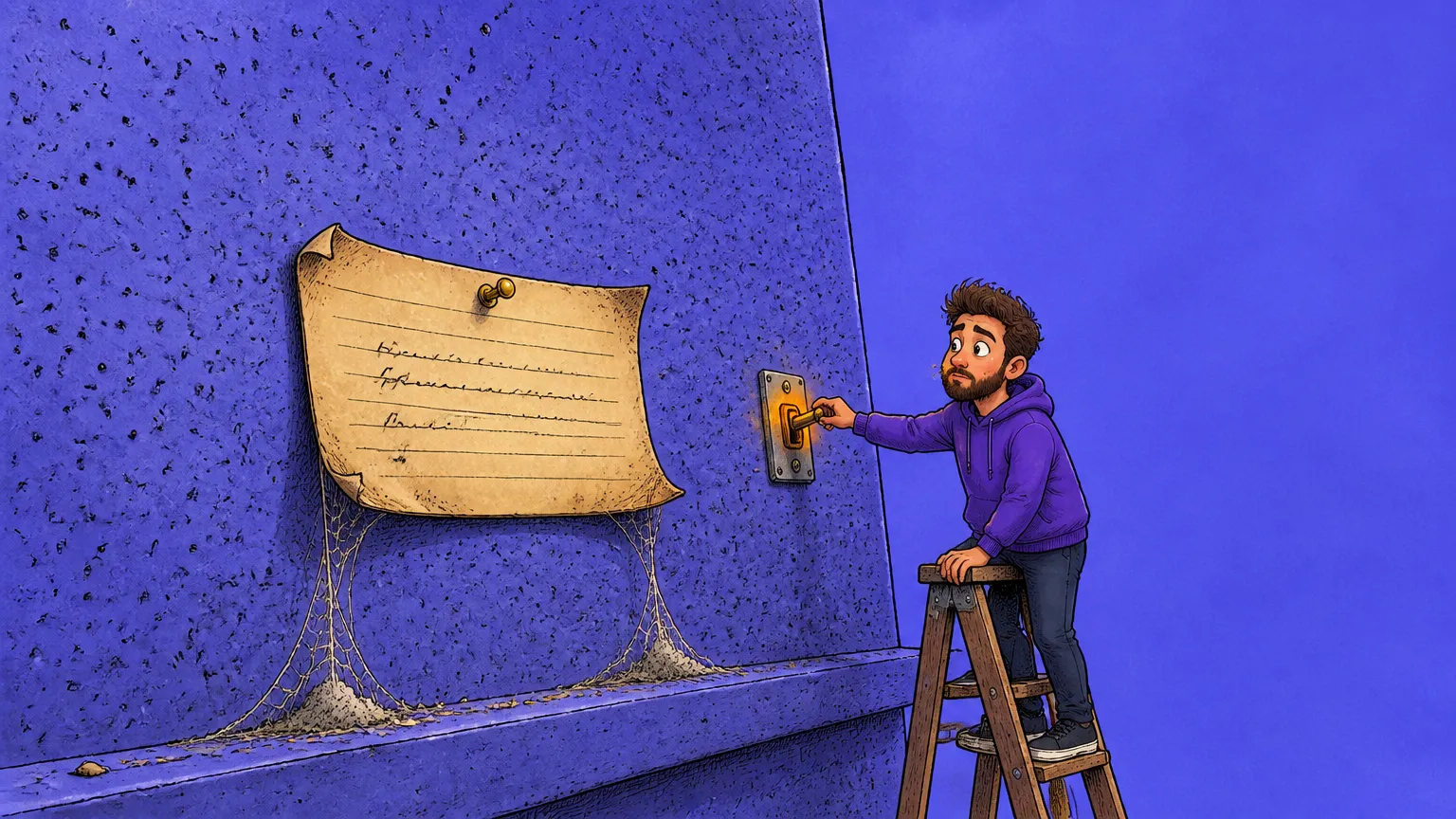 A figure on a stepladder turns a newly fitted brass switch while an old pinned note crumbles into sand beneath it