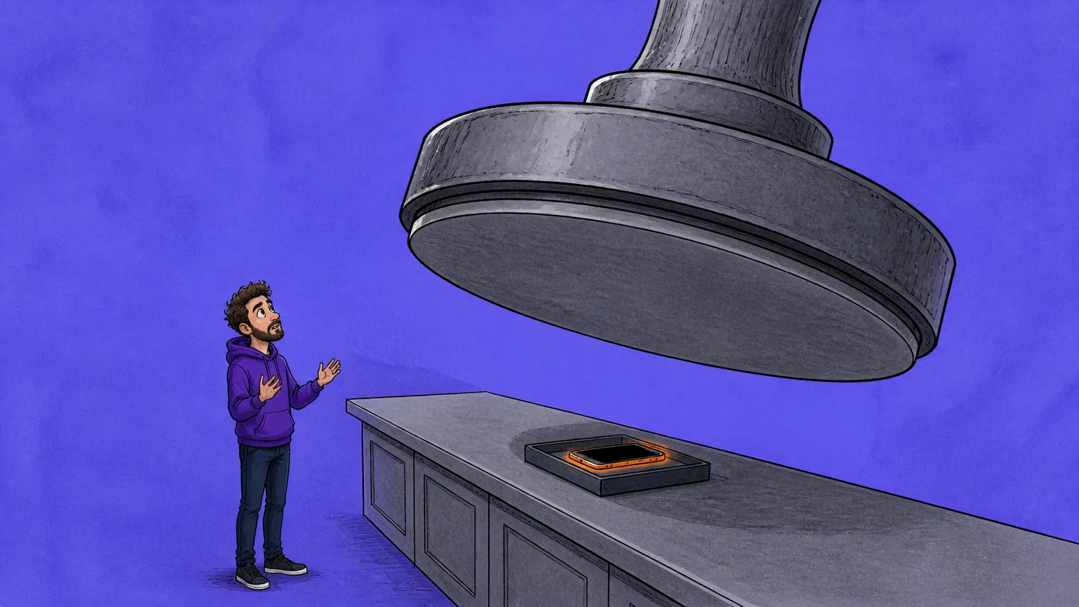 A colossal stamp swings down over a phone lying in a tray on an inspection counter while a figure looks up open handed
