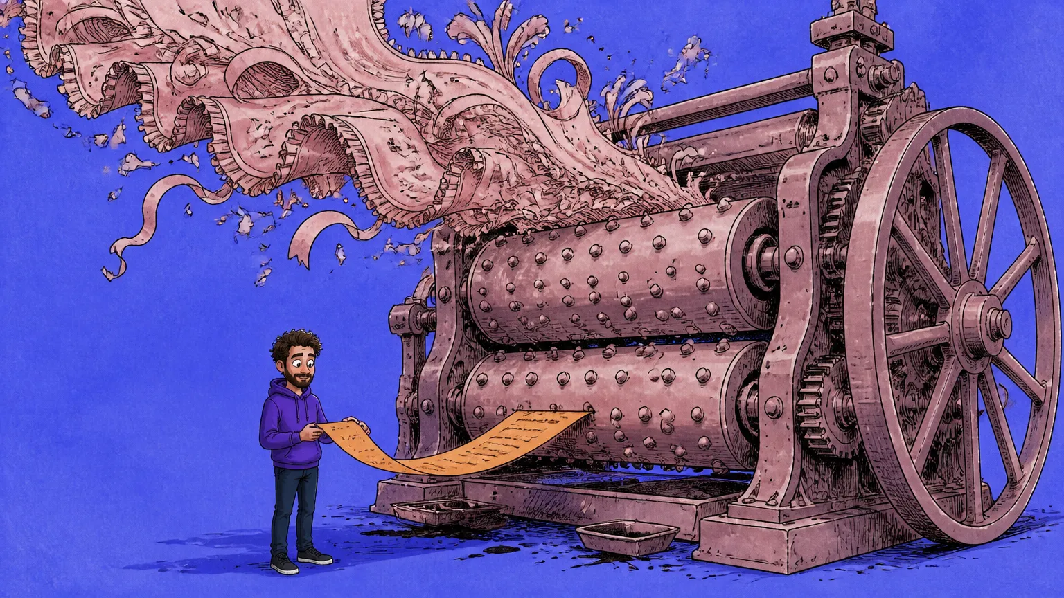 Frilly ornate ribbons of prose pour out of a giant mangle while a figure holds the flat plain page it presses out