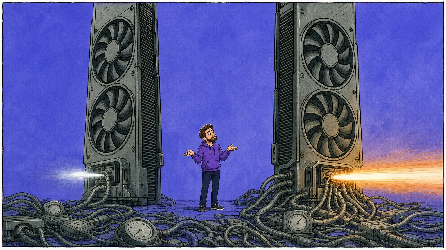 A figure stands between two identical graphics cards driving light bars of wildly different lengths, with a tangle of dials feeding only the bright one