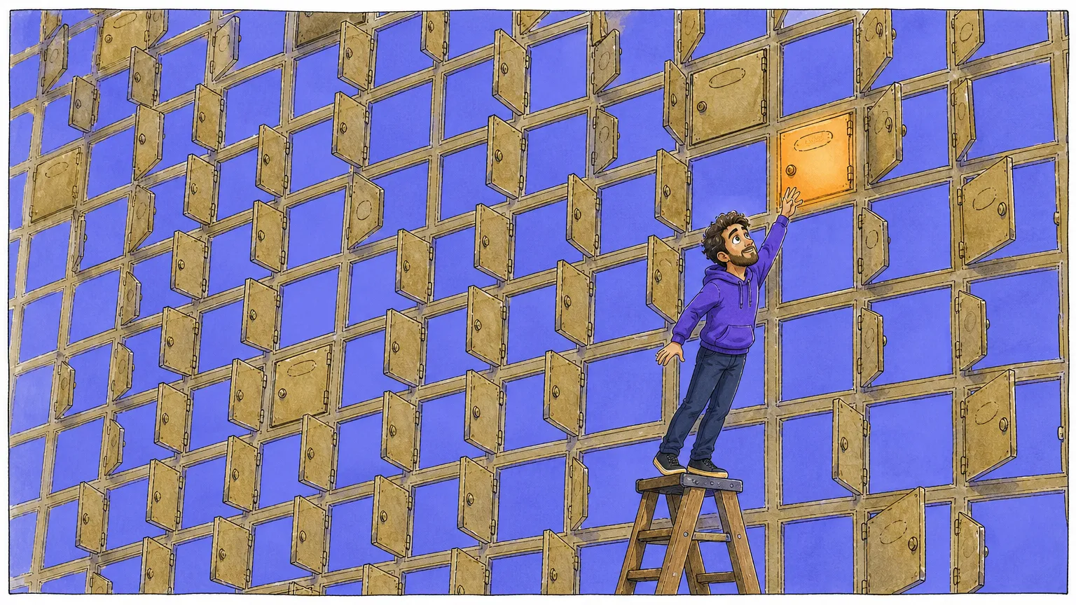 A figure reaches for one of the last closed doors on a towering wall of numbered mailboxes, the rest hanging open and emptied